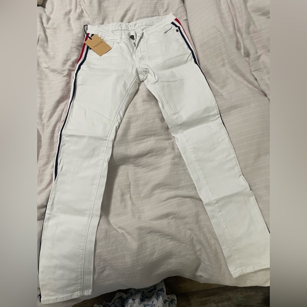 Machine Pour Neuf Mode white jeans with stripes, size USA 28, EU 42